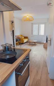 a kitchen with a sink and a living room at Le reflet chic - 2 pièces neuf - quartier calme à 5 min de Strasbourg in Schiltigheim