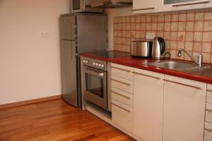 eine Küche mit einem Kühlschrank aus Edelstahl und einer Spüle in der Unterkunft Kuressaare Holiday Apartments in Kuressaare