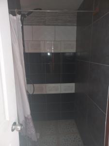a bathroom with a shower with a black and white at Cabaña del Quincho Tolpan in Renaico