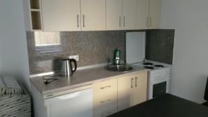 a small kitchen with a sink and a stove at Apartments Foco in Sarajevo