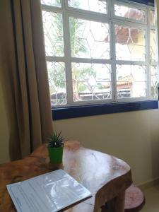 a table with a potted plant on it in front of a window at Pousada Casarão in Cruzília
