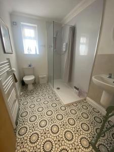 een badkamer met een douche, een toilet en een wastafel bij The Nest in Torquay