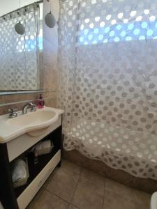 a bathroom with a sink and a shower curtain at Juncal Apartamento in Buenos Aires