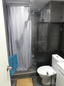 La salle de bains est pourvue d'un rideau de douche et de toilettes. dans l'établissement Studio Poe Rava, à Papeete
