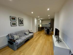 ein Wohnzimmer mit einem Sofa und einem TV in der Unterkunft Spacious 2 Bedroom Penthouse Retreat in London