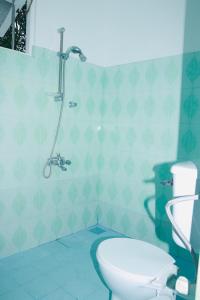 een badkamer met een douche en een toilet. bij The White Villa in Hikkaduwa