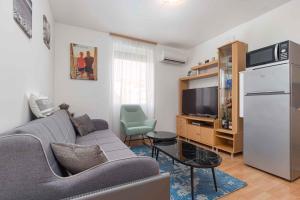 - un salon avec un canapé gris et un réfrigérateur dans l'établissement Apartment in Cervar Porat - Istrien 44232, à Poreč