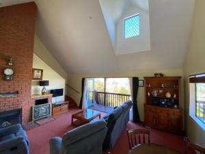 a living room with a couch and a fireplace at 16 Oregon Heights in Hanmer Springs