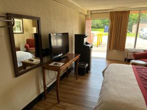 Habitación de hotel con cama, TV y espejo. en Daniel Boone Motor Inn en Pikeville