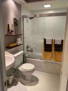 a bathroom with a toilet and a sink and a shower at Havre chez Guylaine in Laval