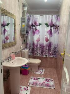 uma casa de banho com um lavatório, um WC e uma cortina de chuveiro. em Deluxe Apartment Nasr city em Cairo