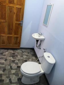 ein Bad mit einem WC, einem Waschbecken und einer Tür in der Unterkunft de Travelodge Homestay 