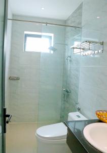 a bathroom with a shower and a toilet and a sink at Khách sạn Phố Ngọc in Nha Trang