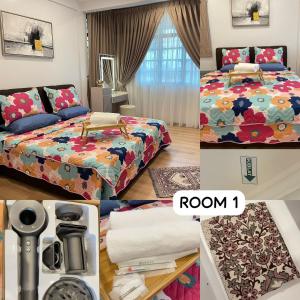 eine Collage mit Bildern eines Schlafzimmers mit einem Bett und einem Zimmer in der Unterkunft Welcome to Sarmax Homestay in Kuching