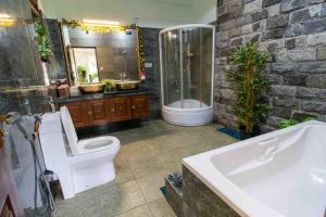 a bathroom with a toilet and a shower and a sink at Castle Colombo in Piliyandala