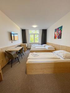 um quarto com quatro camas e uma mesa e cadeiras em Apartmánový byt em Valašské Meziříčí