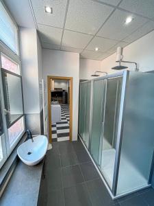 uma casa de banho com um lavatório, um chuveiro e um WC. em Apartmánový byt em Valašské Meziříčí
