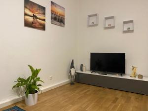 een woonkamer met een flatscreen-tv op een entertainmentcentrum bij Private Wohnung direkt im Zentrum in Braunau am Inn