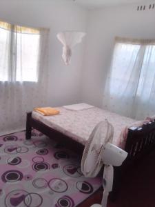 Zimmer mit einem Bett, einem Ventilator und Fenstern in der Unterkunft Gemütlich Green house in Mombasa
