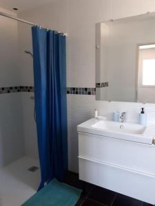 baño con cortina de ducha azul y lavamanos en Duplex 5 p 40m2 jardin de 50m2, en Six-Fours-les-Plages