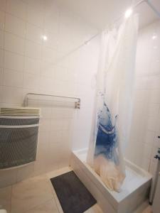a bathroom with a blue and white shower curtain at Cosy studio pour deux personnes in Vitry-sur-Seine