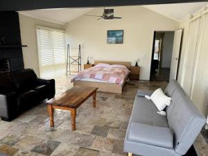 een woonkamer met een bank en een bed bij Relax, Resort Style in Rosebud