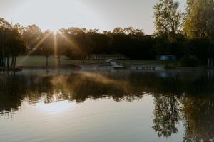 a bird flying over a lake with the sun setting at Losari Retreat in Margaret River Town