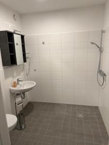 y baño con lavabo y aseo. en Barrierefreie Ferienwohnungen in der Nähe der Golf- und Freizeitanlage, en Mudau