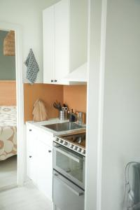 Il comprend une petite cuisine équipée d'un évier et d'une cuisinière. dans l'établissement Condo Portsa - Viihtyisä asunto keskustassa, à Turku