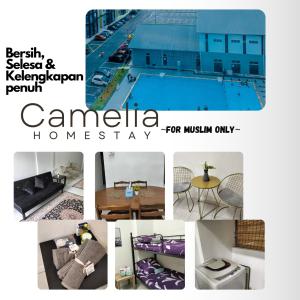 eine Collage mit Fotos von einem Haus und einem Pool in der Unterkunft Camelia Homestay in Seri Iskandar