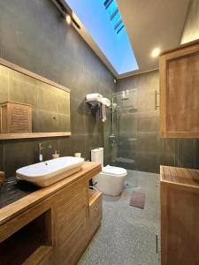 a bathroom with a sink and a toilet and a skylight at boutique villa jogja senang in Yogyakarta