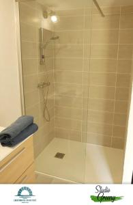 a shower with a glass enclosure in a bathroom at Locations du Grand Pont - Appart hôtel Poitiers - Futuroscope in Chasseneuil-du-Poitou