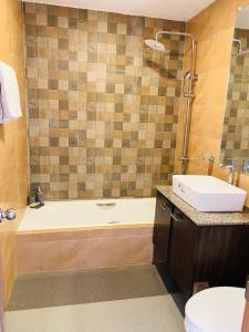 Tagum的住宿－VMJ Inland Resort，带浴缸、盥洗盆和卫生间的浴室