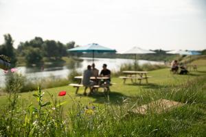 un grupo de personas sentadas en una mesa de picnic cerca de un lago en Camping de Boomgaard, en Maaseik