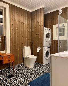 een badkamer met een toilet en een wasmachine bij Apotekbygget in Nesbyen