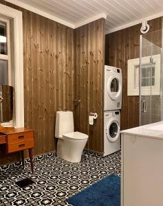 a bathroom with a toilet and a washing machine at Apotekbygget in Nesbyen