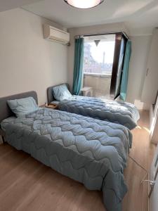 Duas camas num pequeno quarto com uma janela em ホテルハヌル em Osaka