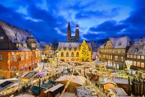 uma cidade velha com mercados de Natal e uma igreja em FeWo Seeufer mit großem Garten em Goslar