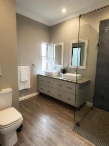 a bathroom with a toilet and a sink and a shower at Waterfall House in Dullstroom +14 photos