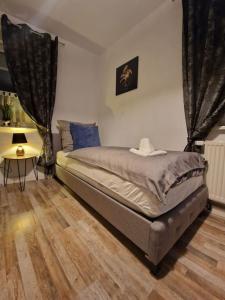 1 dormitorio con 1 cama con cortinas y suelo de madera en Appartment Del Pueblo/Netflix/Zentral/Ideal für 4! en Weiden