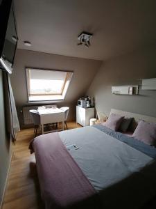 a bedroom with a bed and a desk and a window at Sea-Me Ostend in Ostend
