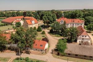 eine Luftansicht eines Dorfes mit Häusern und Bäumen in der Unterkunft Pałac Konary 