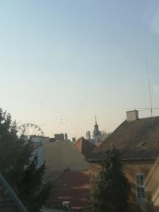 a view of roofs of houses with birds flying in the sky at Újkapu Sunshine Apartments in Győr