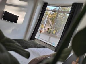 a bedroom with a bed and a large window at B&B de Wilhelminaschool in Aalten