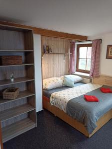 a bedroom with a bed and a book shelf at Chata Dáša in Kořenov