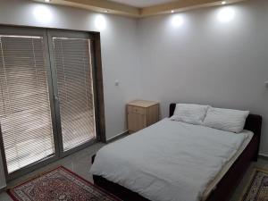 ein Schlafzimmer mit einem Bett und zwei großen Fenstern in der Unterkunft Green Peace Apartman 1 in Kragujevac