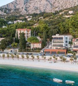 einen Strand mit Palmen, Gebäuden und Wasser in der Unterkunft Villa Brzet - Luxury Boutique Apartments in Omiš