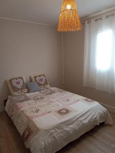 a bedroom with a large bed with a chandelier at Ti Kaz Nayagom in Saint-Pierre