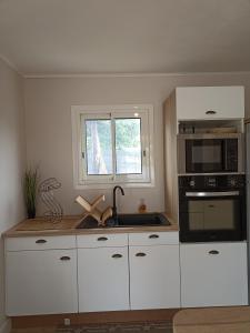 uma cozinha com armários brancos, um lavatório e um micro-ondas em Ti Kaz Nayagom em Saint-Pierre