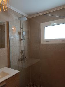 ein Bad mit einer Dusche, einem Fenster und einem Waschbecken in der Unterkunft Ti Kaz Nayagom in Saint-Pierre